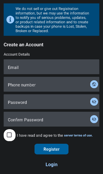 BST app sign up screen